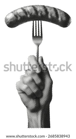 hand with fork piercing sausage isolated on white background retro halftone grunge dotted texture vintage cut-out food snack collage element for mixed media design pop art magazine style