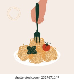 Hand with a fork and spaghetti pasta plate. Italian food background. Vector illustration