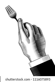 Hand with a fork. Vintage engraving stylized drawing. Vector illustration