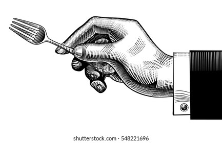 Hand With A Fork. Vintage Stylized Drawing. Vector Illustration