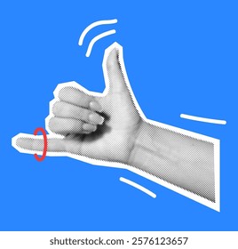 Hand forming Call Me gesture halftone textured vector illustration. Striking red ring on small finger symbolizing communication design idea