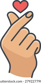 A hand forming a heart shape with the thumb and index finger, with a small red heart above.