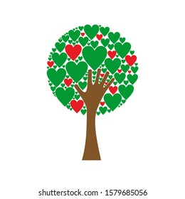 Hand forming a love tree with heart leaves. Red and green hearts tree vector background.
