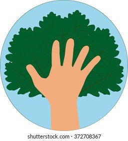 hand forming a tree with leaves, helping nature
