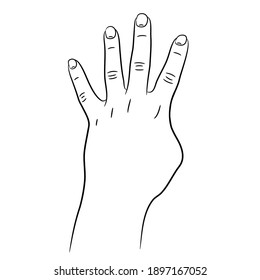 Hand with four fingers raised up sketch draw from the contour black brush lines different thickness on white background. Vector illustration.