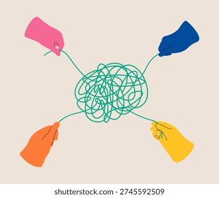 Hand of four hands pull on tangled threads. Solve a difficult problem. Colorful vector illustration
