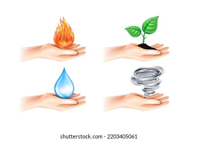 Mano con cuatro elementos naturales. Fuego, Aire, Agua, Tierra. Llama, gota de agua, hoja verde y vórtice del aire. Ilustración del vector aislada en fondo blanco