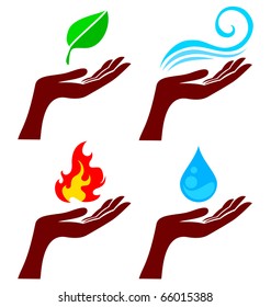 Hand with four nature element: tree leaf, fire, water and wind