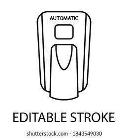 Hand free sanitizer. Wall mounted soap automatic dispenser. Automated contactless restroom equipment with sensors. Touch less hand sanitizer. Disinfectant. Soap dispenser. Editable stroke. Vector