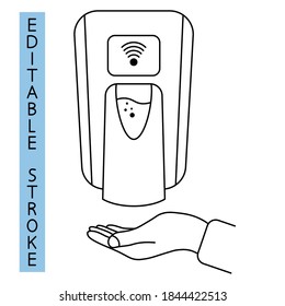 Hand Free Sanitizer. Wall Mounted Soap Automatic Dispenser. Automated Contactless Restroom Equipment With Sensors. Touch Less Sanitizer. Disinfectant. Soap Dispenser. Editable Stroke. Vector