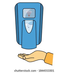 Hand free sanitizer. Wall mounted soap automatic dispenser. Automated contactless restroom equipment with sensors. Touch less hand sanitizer in blue color. Soap dispenser. Vector illustration