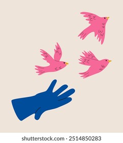 Hand frees bird. Recovering after psychological trauma or depression. Colorful vector illustration
