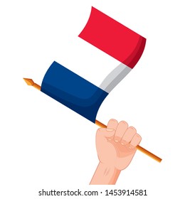 hand with french flag happy bastille day flat design vector illustration