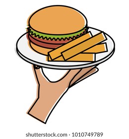 hand with french fries and burger