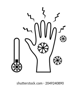 Hand with frostbite symptom concept. Cold hand in low temperature. Snowflake on palm line art vector illustration.