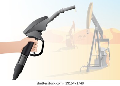 Hand with a fuel nozzle on the background of oil rigs. Vector illustration