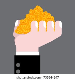 Hand is full bitcoin. Profit crypto currency. gain virtual money. Vector illustration