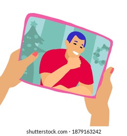 Hand with gadget. Holidays chatting with friends or family online. Virtual Christmas or New Year meet up, video conference. Social-distance during quarantine. Vector flat hand drawn illustration.