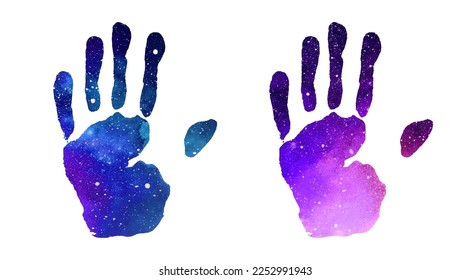 Hand galaxy print isolated on white background. Creative paint vector illustration