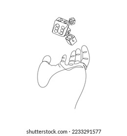 Hand mit Würfeln. Person wirft Mist. Spieler, Geschäftsrisiken, Casino-Konzept in einem kontinuierlichen Zeichnungsstil. Handgezeichnete Vektorgrafik.