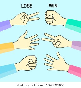 Hand Game. Rock Paper Scissors On Blue Background.