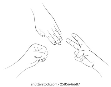 Hand game rock paper scissors. Vector illustration in black and white thin line style.