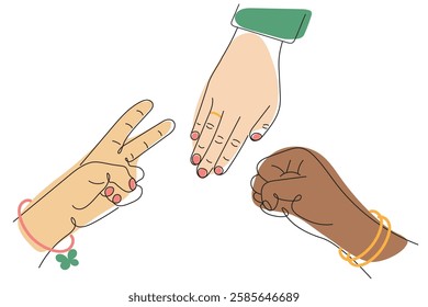 Hand game rock paper scissors. Vector illustration in color thin line style.
