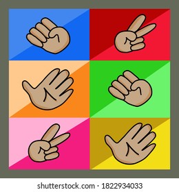 Hand game. Rock, Scissors, Paper. Rules. Gestures.  a colorful  Background  Seamless Pattern