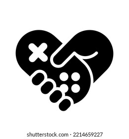 Hand with gamepad in the form of heart, gamer, like video games, simple black icon