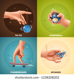 Hand games realistic design concept with yoyo fingerboard powerball and spinner isolated on colorful background vector illustration
