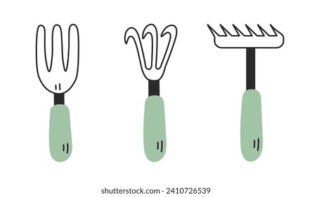 Hand Garden Rake set doodle illustration. Small vector gardening and farming tools collection for weeding, aerating, grass, leaf, dirt and soil