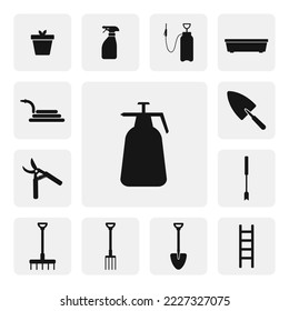 Hand garden sprayer flat web icon. Simple pressure hand garden sprayer sign web icon silhouette Plastic water sprayer solid black icon vector design. Plant sprayer bottle logo. Garden concept icon set