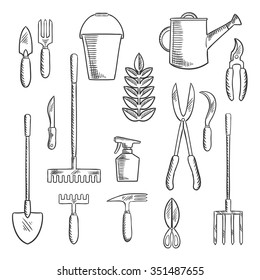Hand gardening tools sketched icons with trowel, knife, fork, shears, rake, scissors, spray bottle, weeding hoe, sickle and watering can. Sketch style objects
