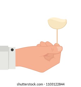 Hand and garlic vector. Toothpick vector.
free space for text. wallpaper. background.