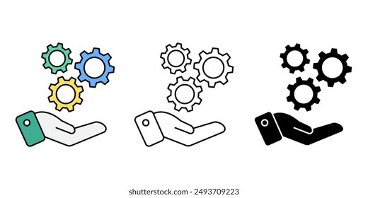 Hand and Gear Cogwheel Icons set, Service tool symbol isolated background, assembly, repair instruments flat simple infographics design template. vector illustration.	