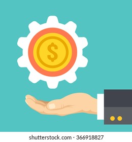 Hand and gear with gold coin. Business investment, money management, run company. Modern flat design concepts for web banners, web sites, printed materials, infographics. Creative vector illustration