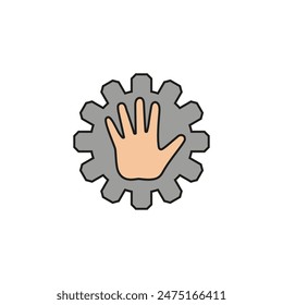 Hand with gear icon. Colored vector illustration on a white background.