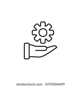 Hand with gear icon. Outline vector illustration on a white background.