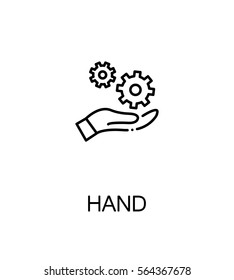 Hand with gear icon. Single high quality outline symbol for web design or mobile app. Thin line sign for design logo. Black outline pictogram on white background