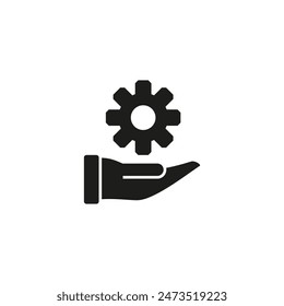Mano con icono de engranaje. Silueta de Vector sobre fondo blanco.