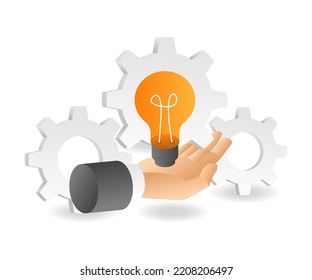 Hand with gear idea lamp in isometric flat illustration