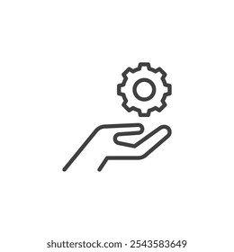 Hand with Gear line icon. linear style sign for mobile concept and web design. Gear and hand outline vector icon. Manual control, customization symbol, logo illustration. Vector graphics