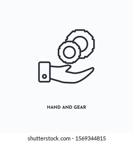 Hand and gear outline icon. Simple linear element illustration. Isolated line Hand and gear icon on white background. Thin stroke sign can be used for web, mobile and UI.