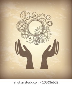 Hand and gear over beige background vector illustration