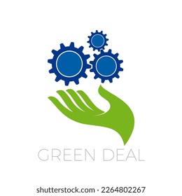 Hand and gears. Green deal and sustainable industry. Vector logo