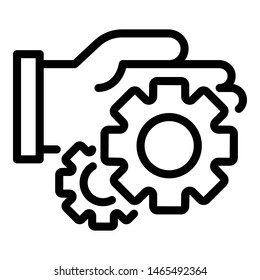 Hand and gears icon. Outline hand and gears vector icon for web design isolated on white background