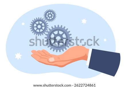 Hand with gears. Technical support or repair. Businessman solving problem. Effective business management. Mechanism assemble. Challenge solution. Arms holding cogwheels