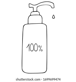 Hand gel with antibacterial effect. 100% protection against bacteria, viruses and germs. Sanitizer for disinfection palm. Vector illustration. Contour on an isolated background. Doodle style. Sketch.