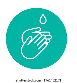 Hand gel sanitizer vector label with water drop, shield and hand logo. Hand sanitizer icon for healthy safe product package tag
