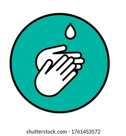 Hand gel sanitizer vector label with water drop, shield and hand logo. Hand sanitizer icon for healthy safe product package tag